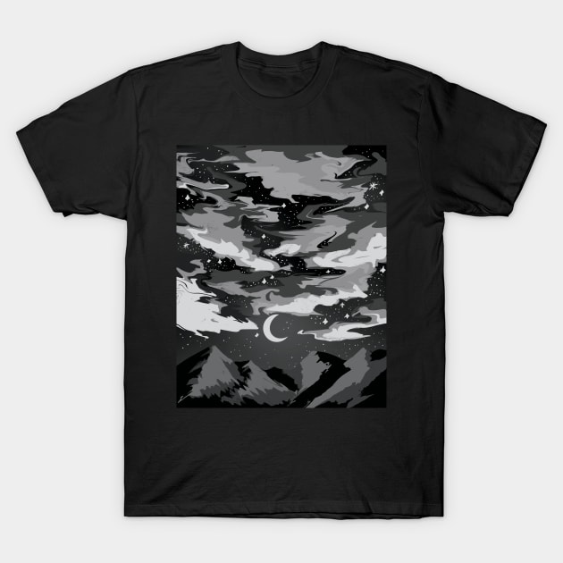 Dark cloudy sky above mountains with a crescent moon T-Shirt by VictoriaLehnard